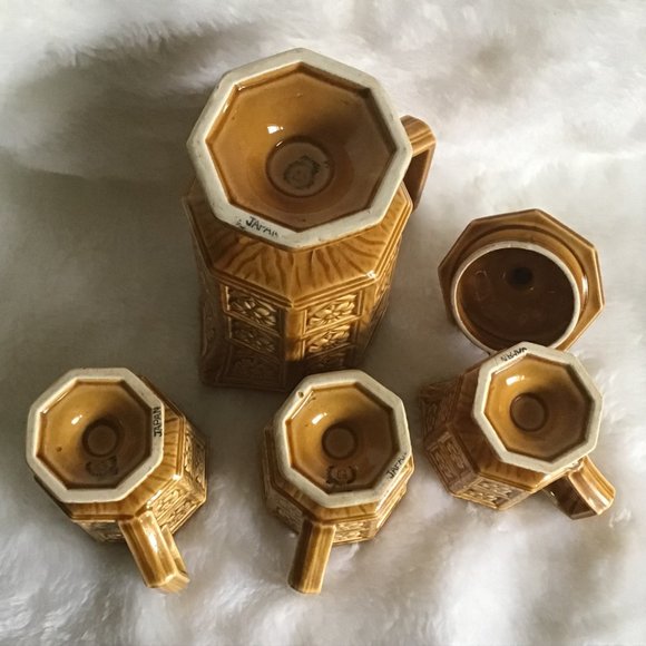 Daisy Embossed Pattern Ceramic Teapot  / Coffee Pot Set VTG 50's - Picture 6 of 7